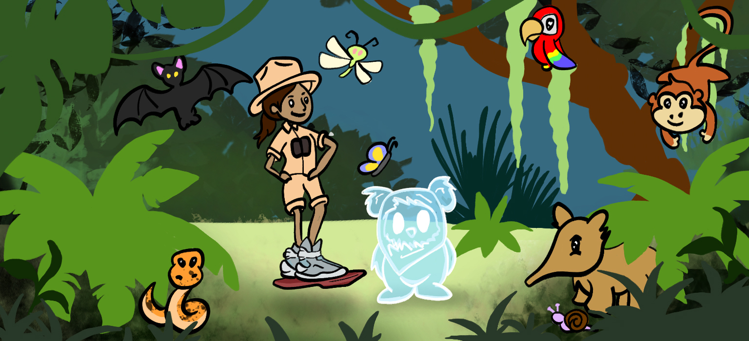 A scientist surrounded by many plants and animals, with a pair of binocles and light coloured clothes, wearing futuristic sneakers and standing on a hoverboard. On their left side, a hologram of an Ewok, which is their virtual assistant.